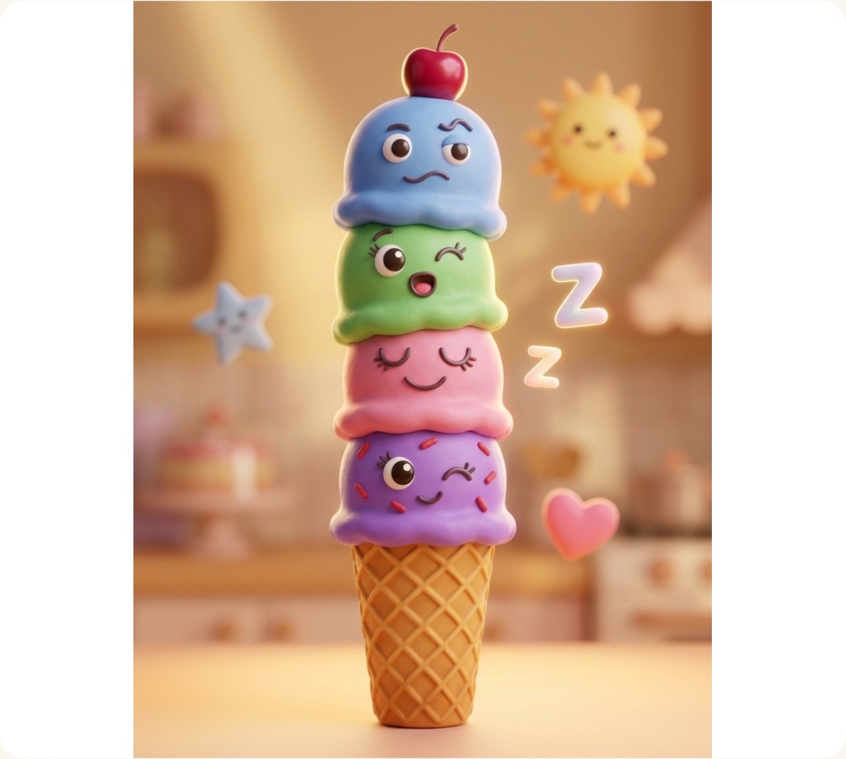 The same ice cream as a soft 3-D character on a kitchen counter