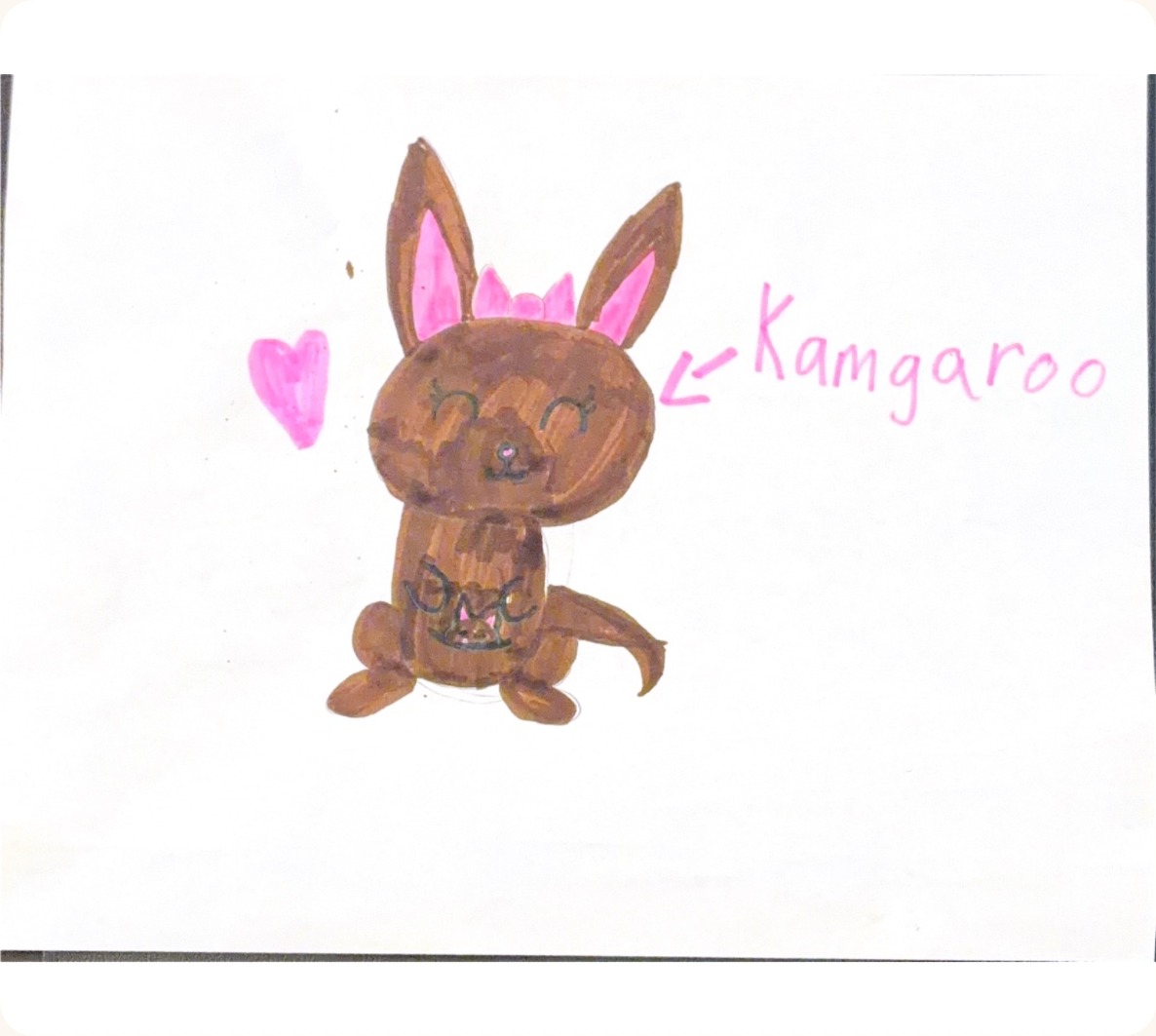 A child's drawing of a brown kangaroo, labelled "Kamgaroo" in pink pen