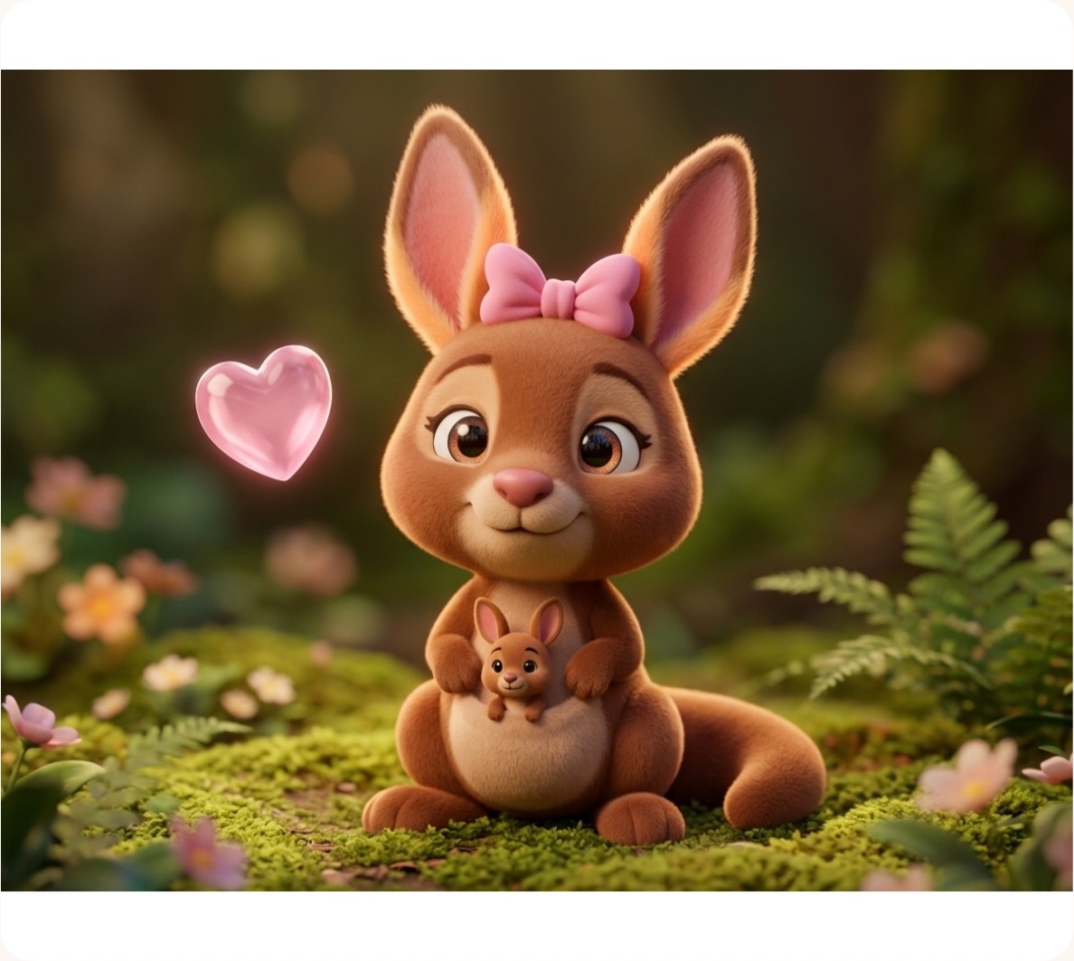 The same kangaroo as a soft 3-D character with a joey in her pouch, sitting on moss